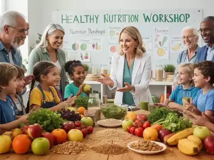 Eine Gruppe von Menschen, darunter Kinder, nimmt an einem Ernährungs-Workshop teil, der sich auf Diabetes-Management konzentriert. - Foto: über boerse-global.de