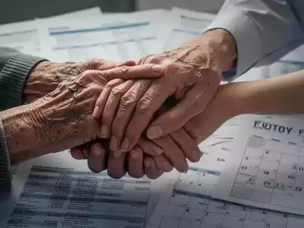 Ältere Hände halten junge Hände, im Hintergrund verschwommene Finanzdokumente und ein Kalenderblatt, das Pflege und Reformen symbolisiert. - Foto: über boerse-global.de