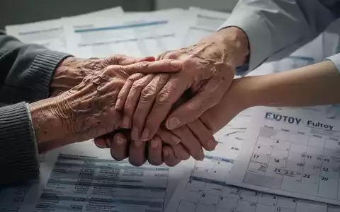 Ältere Hände halten junge Hände, im Hintergrund verschwommene Finanzdokumente und ein Kalenderblatt, das Pflege und Reformen symbolisiert. - Foto: über boerse-global.de