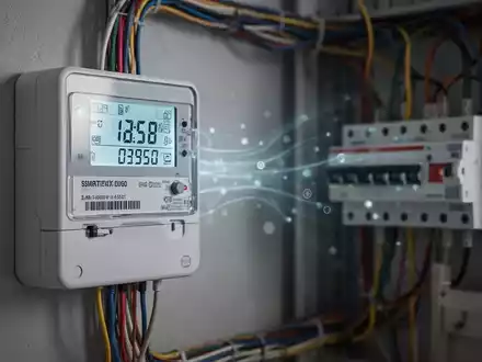 Ein Smart Meter Gerät an einer Wand, das digitale Messwerte anzeigt, mit unscharfem Hintergrund von Stromkabeln. - Foto: über boerse-global.de