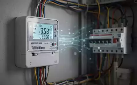 Ein Smart Meter Gerät an einer Wand, das digitale Messwerte anzeigt, mit unscharfem Hintergrund von Stromkabeln. - Foto: über boerse-global.de