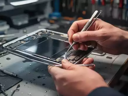 Hände reparieren ein elektronisches Gerät mit Werkzeugen in einer Werkstatt, symbolisierend das Recht auf Reparatur. - Foto: über boerse-global.de