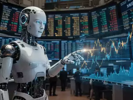 Ein humanoider Roboter steht auf einem Börsenparkett mit digitalen Ticker-Anzeigen, die seinen Börsengang symbolisieren. - Foto: über boerse-global.de