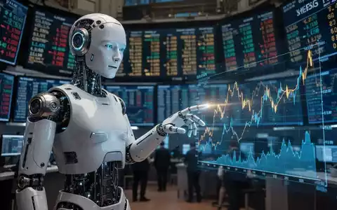 Ein humanoider Roboter steht auf einem Börsenparkett mit digitalen Ticker-Anzeigen, die seinen Börsengang symbolisieren. - Foto: über boerse-global.de