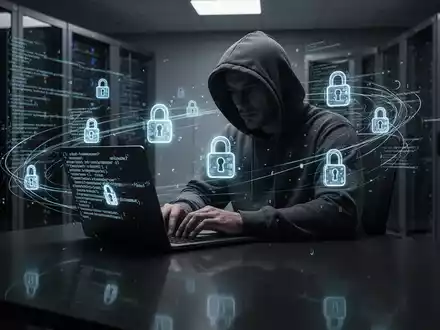 Verschattete Gestalt in Kapuzenjacke tippt auf Laptop, umgeben von leuchtenden Schloss-Symbolen und Codezeilen, symbolisiert Cyber-Bedrohungen. - Foto: über boerse-global.de