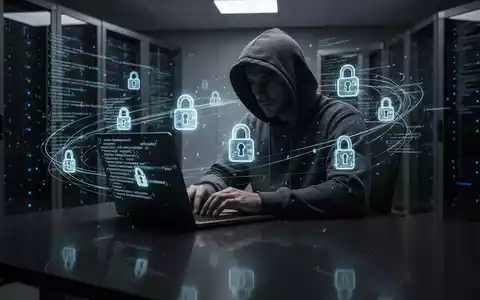 Verschattete Gestalt in Kapuzenjacke tippt auf Laptop, umgeben von leuchtenden Schloss-Symbolen und Codezeilen, symbolisiert Cyber-Bedrohungen. - Foto: über boerse-global.de