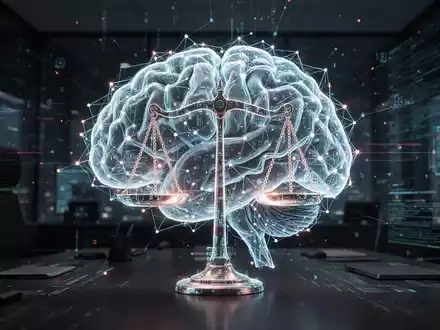 Ein stilisiertes, leuchtendes neuronales Netz oder KI-Gehirn mit integrierten digitalen Waagen, das KI-Regulierung und Verantwortlichkeit symbolisiert. - Foto: über boerse-global.de