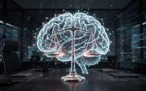 Ein stilisiertes, leuchtendes neuronales Netz oder KI-Gehirn mit integrierten digitalen Waagen, das KI-Regulierung und Verantwortlichkeit symbolisiert. - Foto: über boerse-global.de