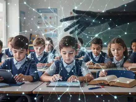 Eine stilisierte, leuchtende neuronale Netzwerkgrafik überlagert Schulkinder in einem modernen Klassenzimmer, was KI im Bildungsbereich symbolisiert. - Foto: über boerse-global.de