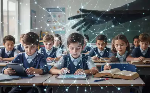 Eine stilisierte, leuchtende neuronale Netzwerkgrafik überlagert Schulkinder in einem modernen Klassenzimmer, was KI im Bildungsbereich symbolisiert. - Foto: über boerse-global.de