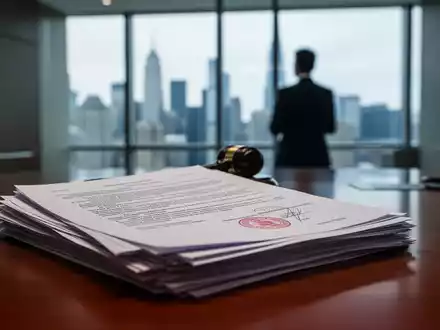 Ein Stapel offizieller Dokumente auf einem Schreibtisch, unscharf im Hintergrund eine Person vor einer Stadtkulisse. - Foto: über boerse-global.de