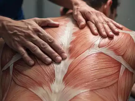 Nahaufnahme eines menschlichen Rückens mit sichtbaren Faszienlinien, auf die Hände eines Therapeuten sanften Druck ausüben. - Foto: über boerse-global.de