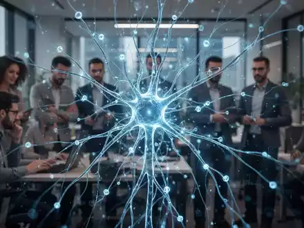 Leuchtend blaues KI-Neuronennetz über unscharfen, besorgten Mitarbeitern in einem modernen Büro. - Foto: über boerse-global.de