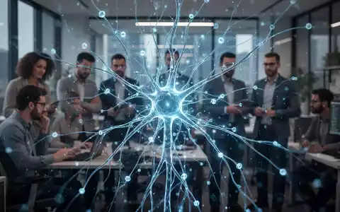Leuchtend blaues KI-Neuronennetz über unscharfen, besorgten Mitarbeitern in einem modernen Büro. - Foto: über boerse-global.de