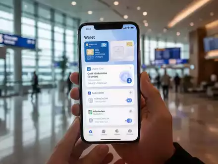 Eine Hand hält ein iPhone mit der Apple Wallet App, die digitale IDs und Finanzverwaltungstools zeigt, in moderner Umgebung. - Foto: über boerse-global.de