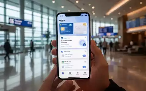 Eine Hand hält ein iPhone mit der Apple Wallet App, die digitale IDs und Finanzverwaltungstools zeigt, in moderner Umgebung. - Foto: über boerse-global.de