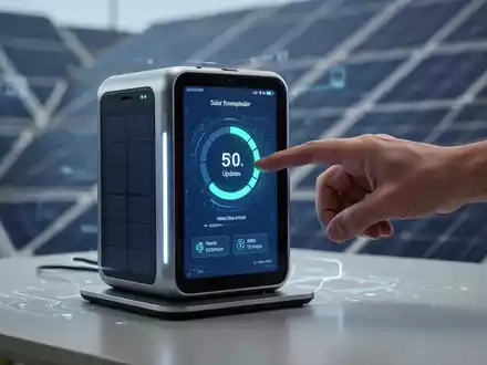 Eine Hand interagiert mit einem schlanken, modernen Anker SOLIX Solar-Powerbank-System mit digitalem Interface und Update-Fortschritt. - Foto: über boerse-global.de
