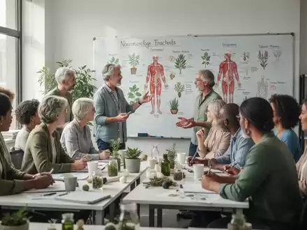 Eine Gruppe erwachsener Studenten in einem hellen Klassenzimmer, die sich mit Naturheilkunde und ganzheitlichen Therapien beschäftigen. - Foto: über boerse-global.de
