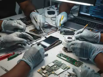 Nahaufnahme von Händen, die elektronische Geräte auf einer Werkbank reparieren, mit Werkzeugen und Ersatzteilen. Fokus auf Nachhaltigkeit. - Foto: über boerse-global.de