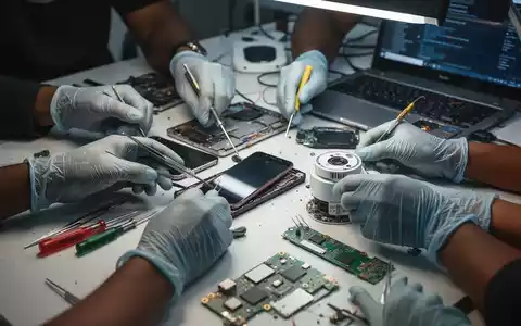 Nahaufnahme von Händen, die elektronische Geräte auf einer Werkbank reparieren, mit Werkzeugen und Ersatzteilen. Fokus auf Nachhaltigkeit. - Foto: über boerse-global.de
