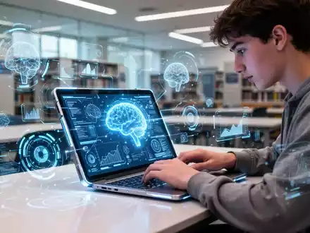 Ein junger Student nutzt ein Tablet, auf dem KI-gesteuerte Lernanwendungen angezeigt werden. Fokus auf digitale Bildung. - Foto: über boerse-global.de