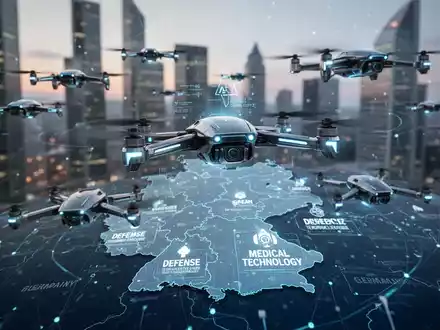 Ein futuristischer Drohnenschwarm mit blauen Akzenten fliegt über eine stilisierte Deutschlandkarte und zeigt KI-Innovationen in Verteidigungs- und Medizintechnik. - Foto: über boerse-global.de