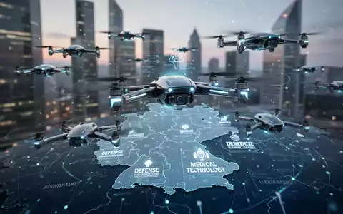 Ein futuristischer Drohnenschwarm mit blauen Akzenten fliegt über eine stilisierte Deutschlandkarte und zeigt KI-Innovationen in Verteidigungs- und Medizintechnik. - Foto: über boerse-global.de