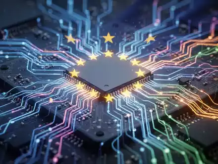 Nahaufnahme eines Mikrochips mit leuchtendem Netzwerkmuster, das KI und Regulierung symbolisiert, mit dezenten EU-Farben. - Foto: über boerse-global.de
