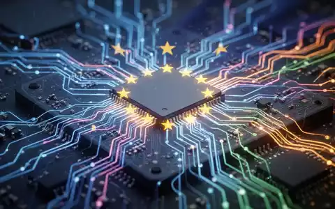 Nahaufnahme eines Mikrochips mit leuchtendem Netzwerkmuster, das KI und Regulierung symbolisiert, mit dezenten EU-Farben. - Foto: über boerse-global.de