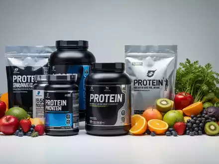 Verschiedene Proteinshakes und Nahrungsergänzungsmittel in ansprechender Verpackung, umgeben von frischem Obst und Gemüse. - Foto: über boerse-global.de