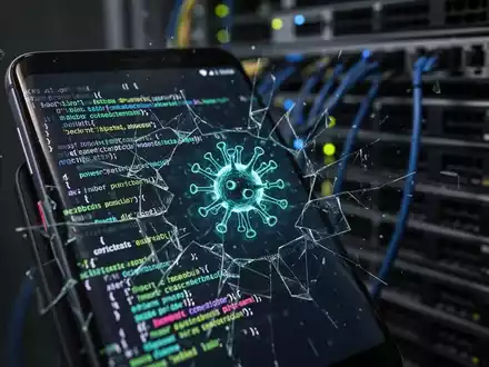 Ein Smartphone-Bildschirm zeigt fehlerhaften Code und ein Virus-Symbol, im Hintergrund unscharf Server-Racks. - Foto: über boerse-global.de