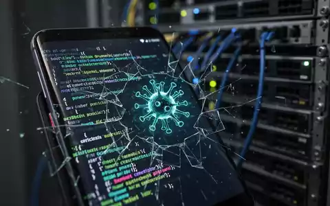 Ein Smartphone-Bildschirm zeigt fehlerhaften Code und ein Virus-Symbol, im Hintergrund unscharf Server-Racks. - Foto: über boerse-global.de
