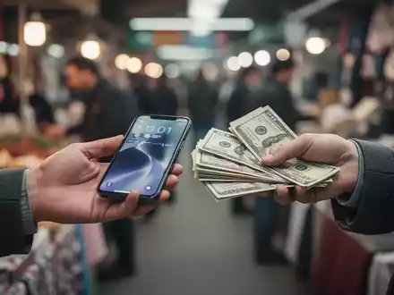 Hände tauschen gebrauchtes iPhone gegen Bargeld, symbolisiert Markttrends und Wiederverkaufswert von Smartphones. - Foto: über boerse-global.de