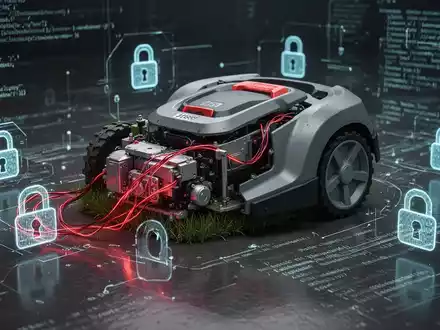 Ein zerlegter Mähroboter mit roten Drähten und digitalen Vorhängeschlössern, umgeben von Codezeilen, auf einer dunklen Oberfläche. - Foto: über boerse-global.de