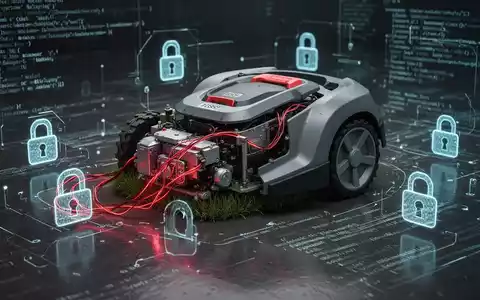 Ein zerlegter Mähroboter mit roten Drähten und digitalen Vorhängeschlössern, umgeben von Codezeilen, auf einer dunklen Oberfläche. - Foto: über boerse-global.de