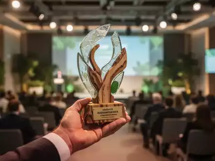 Eine Hand hält einen stilisierten Preis für Nachhaltigkeit, im Hintergrund eine verschwommene Preisverleihungsszene mit Publikum. - Foto: über boerse-global.de