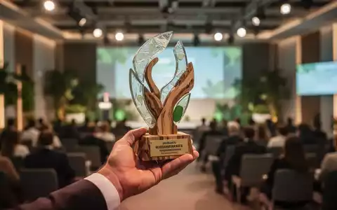 Eine Hand hält einen stilisierten Preis für Nachhaltigkeit, im Hintergrund eine verschwommene Preisverleihungsszene mit Publikum. - Foto: über boerse-global.de