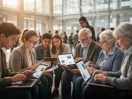 Menschen verschiedenen Alters nutzen gemeinsam digitale Geräte in heller, moderner Umgebung, Symbol für digitale Teilhabe und Lernen. - Foto: über boerse-global.de
