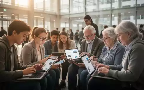 Menschen verschiedenen Alters nutzen gemeinsam digitale Geräte in heller, moderner Umgebung, Symbol für digitale Teilhabe und Lernen. - Foto: über boerse-global.de