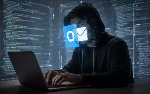 Verschwommene Gestalt in Kapuzenjacke tippt auf Laptop, verzerrtes Outlook-Logo auf Gesicht projiziert, symbolisiert Cyber-Bedrohungen. - Foto: über boerse-global.de