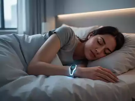 Eine Person schläft friedlich in einem modernen Schlafzimmer, ein diskretes Wearable-Gerät am Handgelenk. - Foto: über boerse-global.de