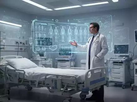 Ein Arzt in einem modernen Krankenzimmer interagiert mit einer holografischen Anzeige integrierter Patientendaten. - Foto: über boerse-global.de