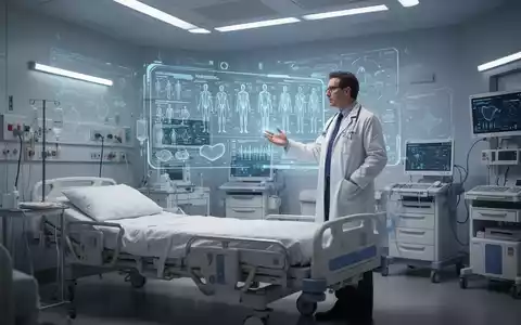 Ein Arzt in einem modernen Krankenzimmer interagiert mit einer holografischen Anzeige integrierter Patientendaten. - Foto: über boerse-global.de