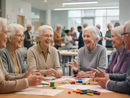 Ältere Menschen nehmen an einem Gemeinschaftsworkshop teil, diskutieren und interagieren in einem hellen Gemeindezentrum. - Foto: über boerse-global.de