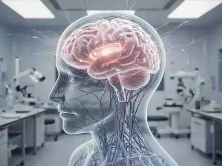 Ein futuristisches, leuchtendes Hirnimplantat in einem stilisierten menschlichen Kopf, umgeben von feinen neuronalen Pfaden in einem High-Tech-Labor. - Foto: über boerse-global.de