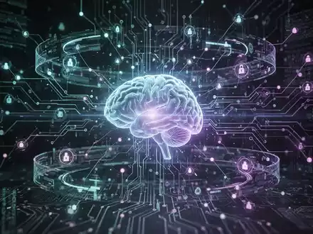 Abstraktes, futuristisches Bild mit vernetzten digitalen Sicherheitsschichten, die ein zentrales leuchtendes KI-Gehirn schützen, mit Leiterplattenmustern und Datenströmen. - Foto: über boerse-global.de