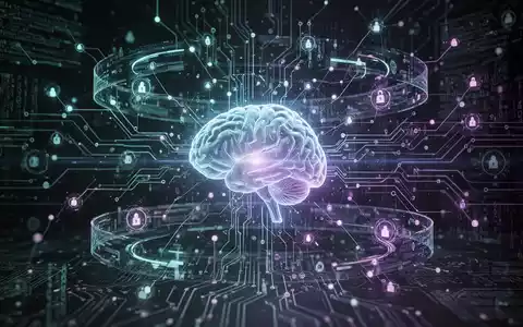 Abstraktes, futuristisches Bild mit vernetzten digitalen Sicherheitsschichten, die ein zentrales leuchtendes KI-Gehirn schützen, mit Leiterplattenmustern und Datenströmen. - Foto: über boerse-global.de