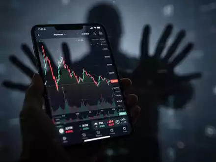 Eine Hand hält ein Smartphone, das eine Krypto-Handels-App mit fallendem Kurs anzeigt, überlagert von einer schattenhaften Figur. - Foto: über boerse-global.de