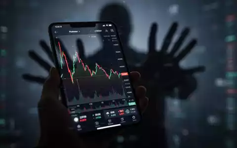 Eine Hand hält ein Smartphone, das eine Krypto-Handels-App mit fallendem Kurs anzeigt, überlagert von einer schattenhaften Figur. - Foto: über boerse-global.de