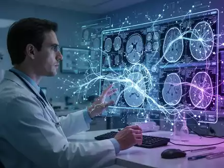 Radiologe betrachtet medizinische Scans auf holografischem Display mit KI-Netzwerkmustern, symbolisiert fortschrittliche Therapie. - Foto: über boerse-global.de
